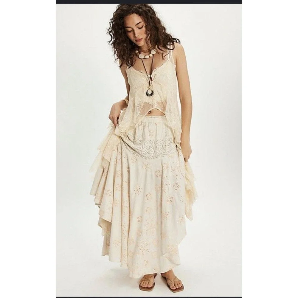 Free People Doily Maxi Skirt Boho Chic Lace Cottagecore Hippie Festival Womens S